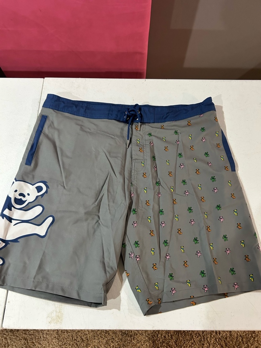 Men's Gray Swim Board Shorts with Navy Waistband Grateful Dead bear